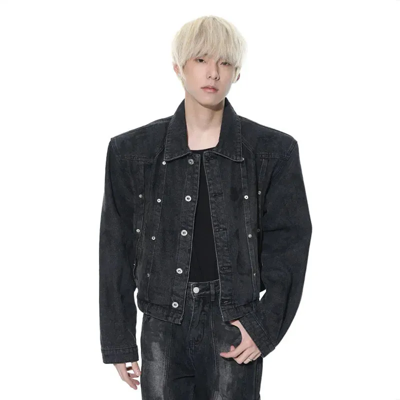 Sprig Denim Jackets High Street Made Old Washed Handsome Jacket American Trendy Shoulder Pad Turn-down Collar 9C5149