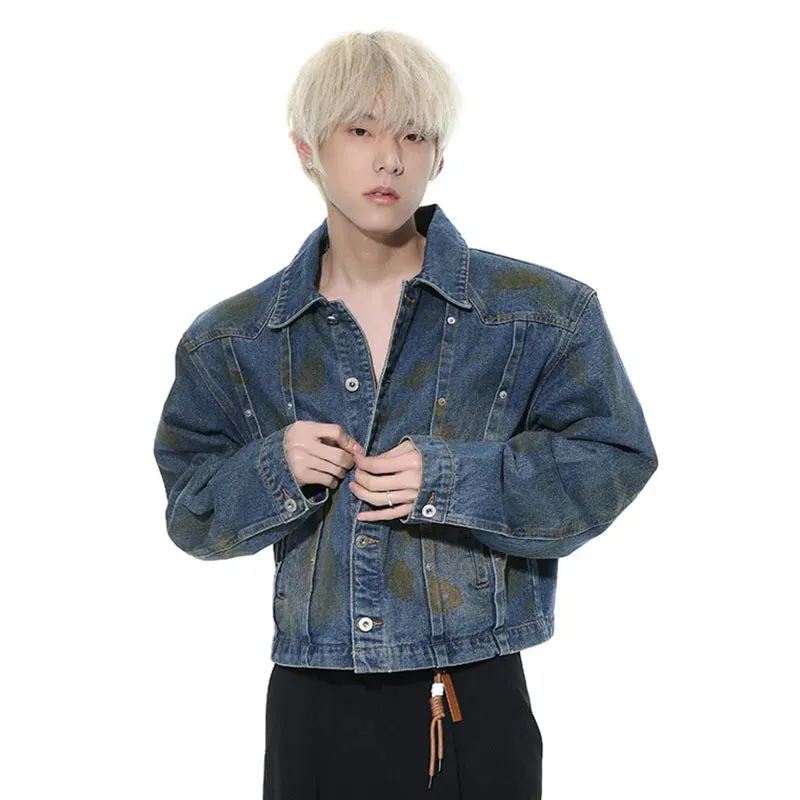 Sprig Denim Jackets High Street Made Old Washed Handsome Jacket American Trendy Shoulder Pad Turn-down Collar 9C5149