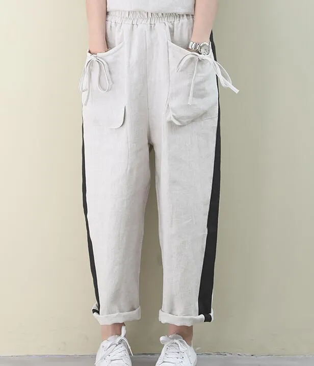 Summer Loose Linen Wide Leg Women Casual Pants Elastic Waist WG05131