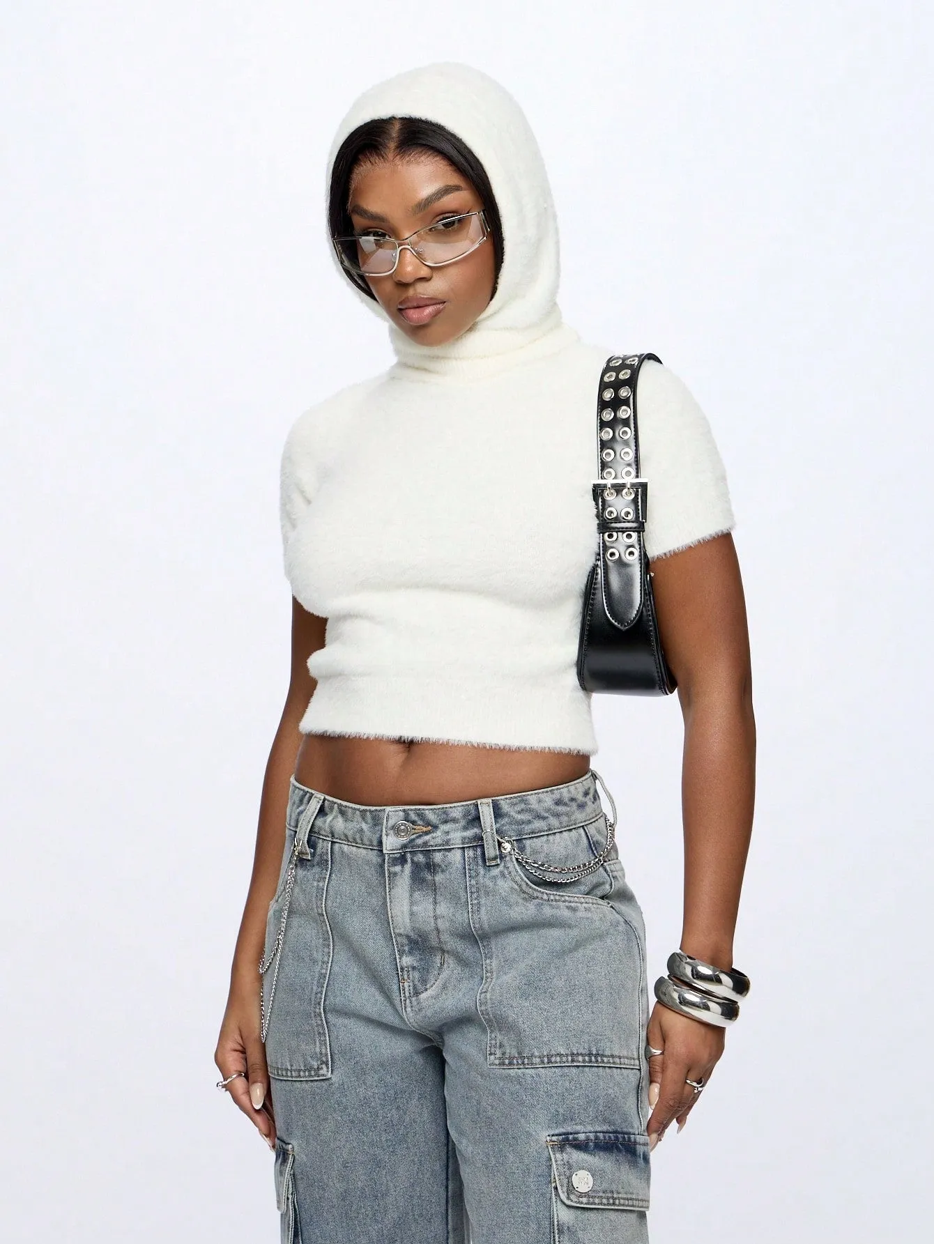 SUMWON WOMEN Fully Knit Hoodie Crop Top