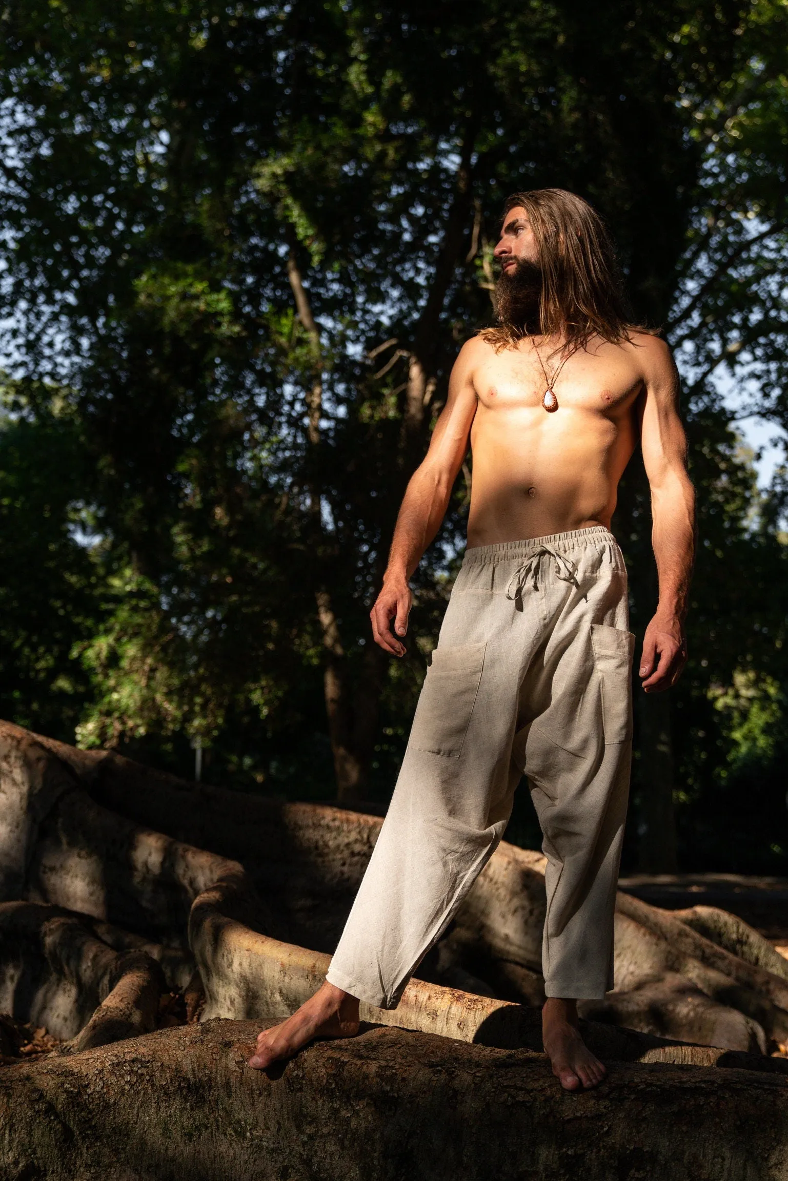 TADASANA Beige Organic Hemp and Cotton Mens Pants, Handmade, Pockets, Eco friendly, Sustainable Comfortable Earthy Yoga Gypsy Boho AJJAYA