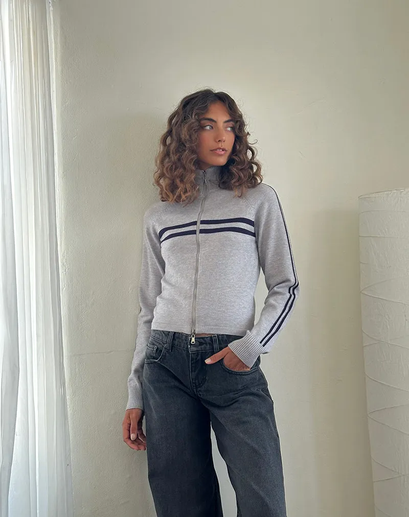 Talisa Sporty Zip Through Jacket In Light Grey with Navy Stripes