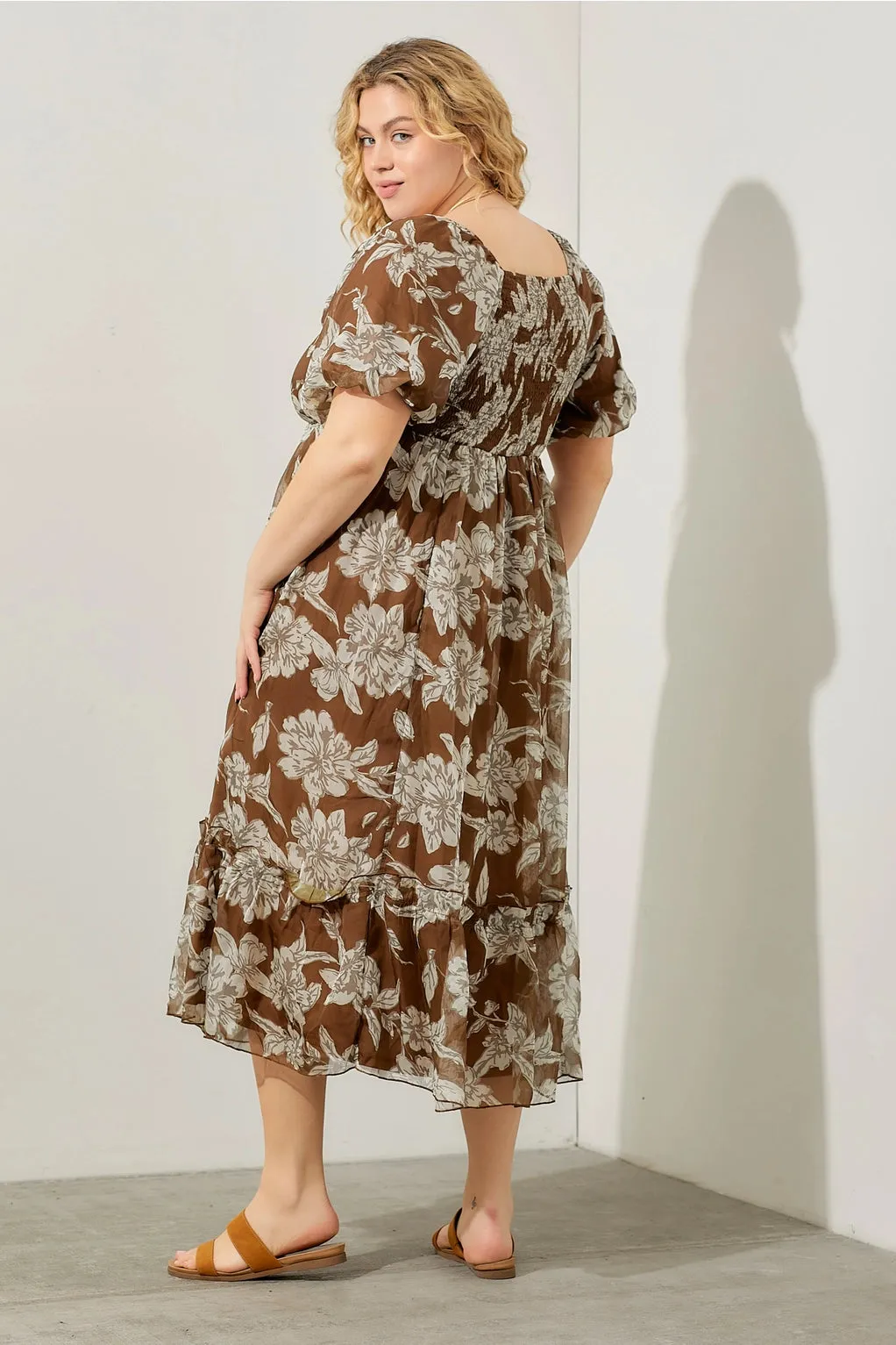 The Fiona Bubble Sleeve Floral Maxi Dress - Brown - PLUS