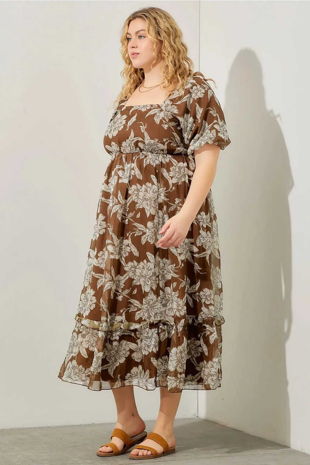 The Fiona Bubble Sleeve Floral Maxi Dress - Brown - PLUS