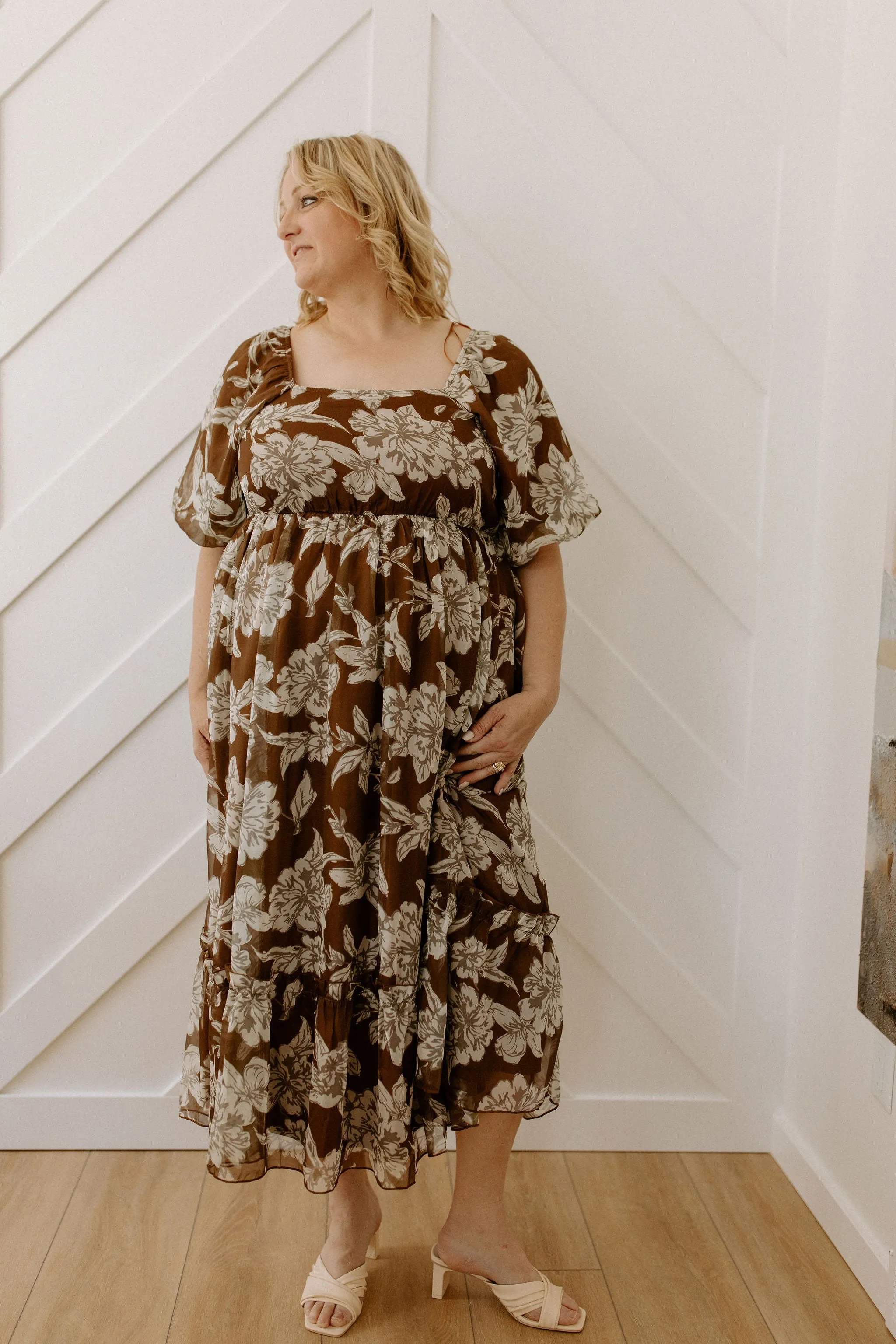 The Fiona Bubble Sleeve Floral Maxi Dress - Brown - PLUS