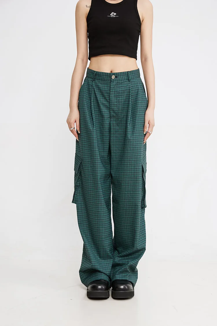 THELIGHT women's loose wide leg work pants plaid green high street camping pants