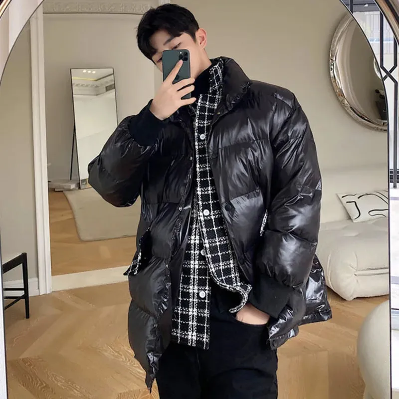 Trend Men's Padded Jackets Fashionable Woolen Plaid Fake Two Piece Niche Design Loose Mid Length Down Coat 9C3467