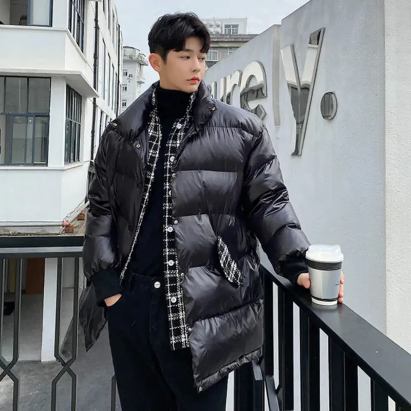 Trend Men's Padded Jackets Fashionable Woolen Plaid Fake Two Piece Niche Design Loose Mid Length Down Coat 9C3467