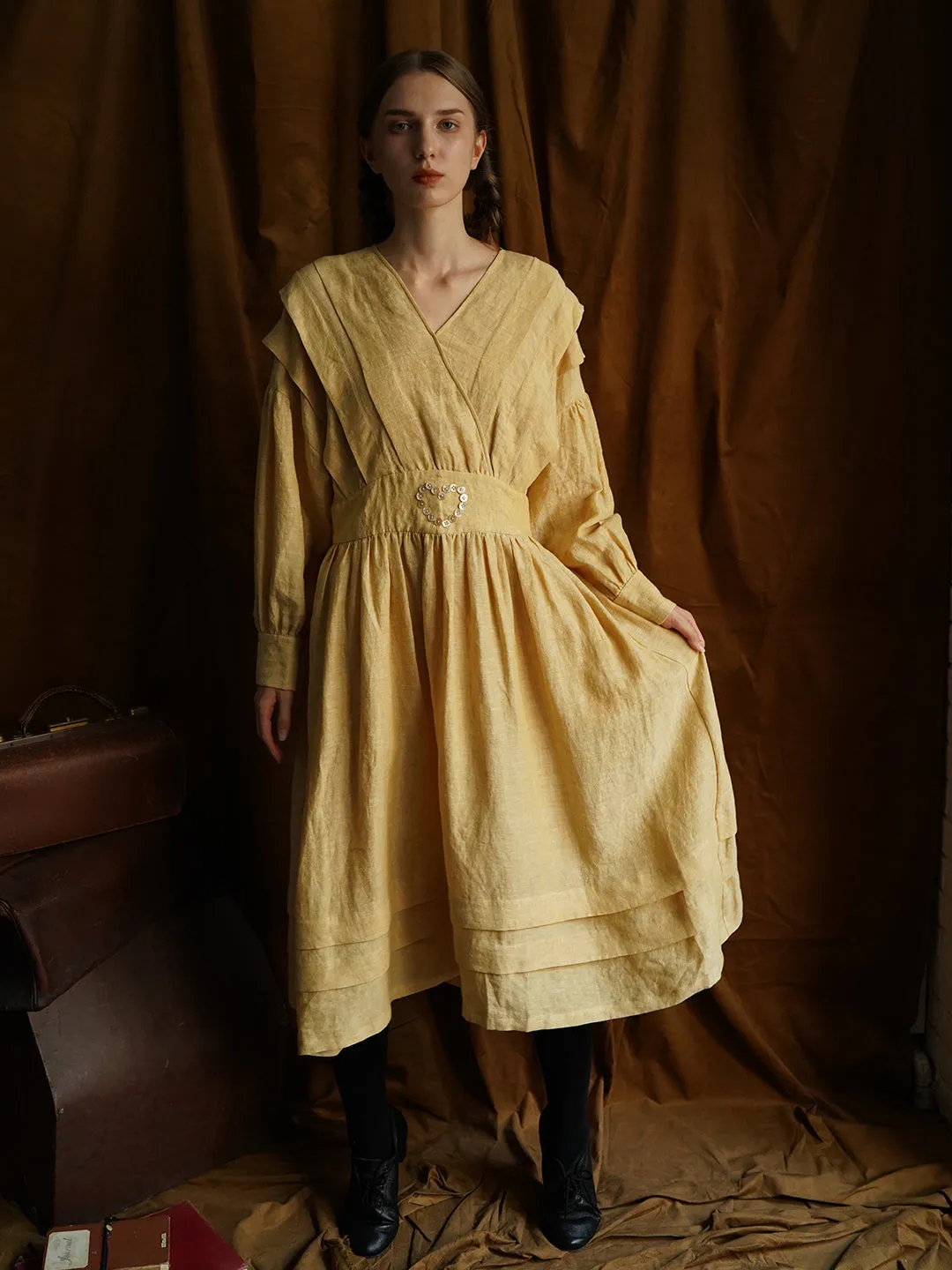 Unlogical Poem Victorian style V-neck Pleated High waist Yellow Dress