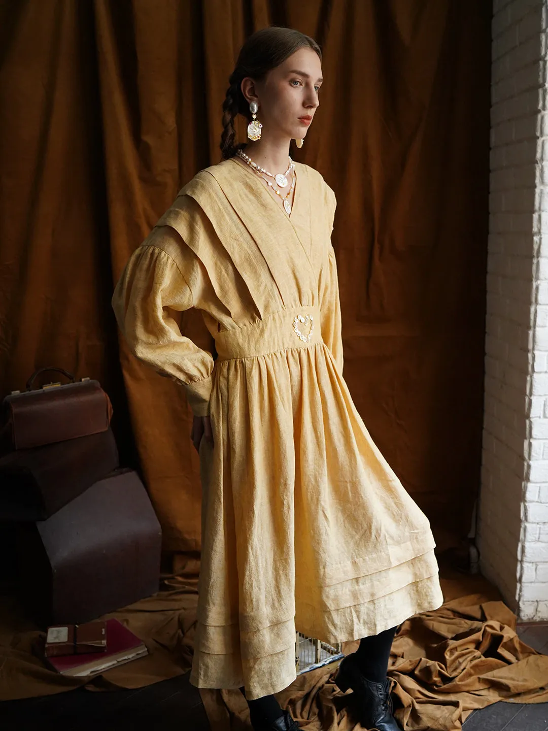 Unlogical Poem Victorian style V-neck Pleated High waist Yellow Dress