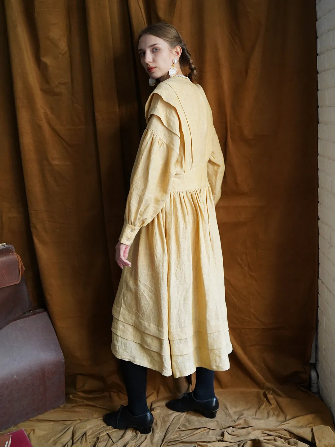 Unlogical Poem Victorian style V-neck Pleated High waist Yellow Dress