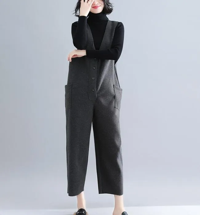 V Neck Casual Spring Black Wool Overall Women Jumpsuits PZ97251