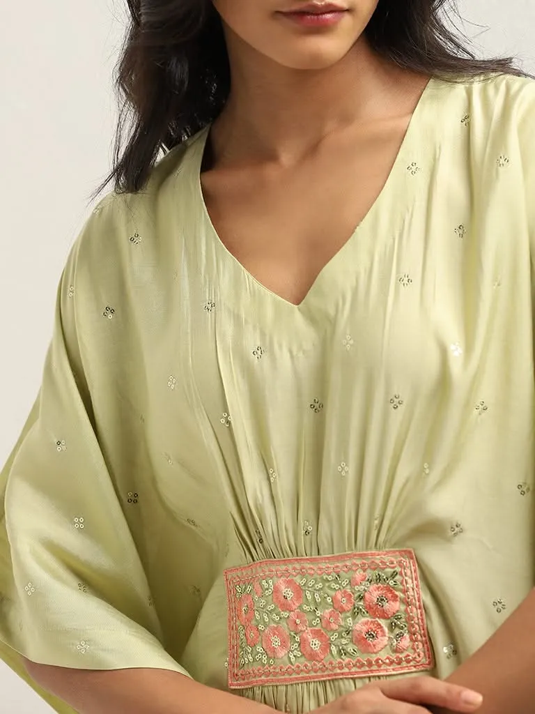 Vark Lime Floral Embroidered Kaftan and Mid-Rise Ethnic Pants Set