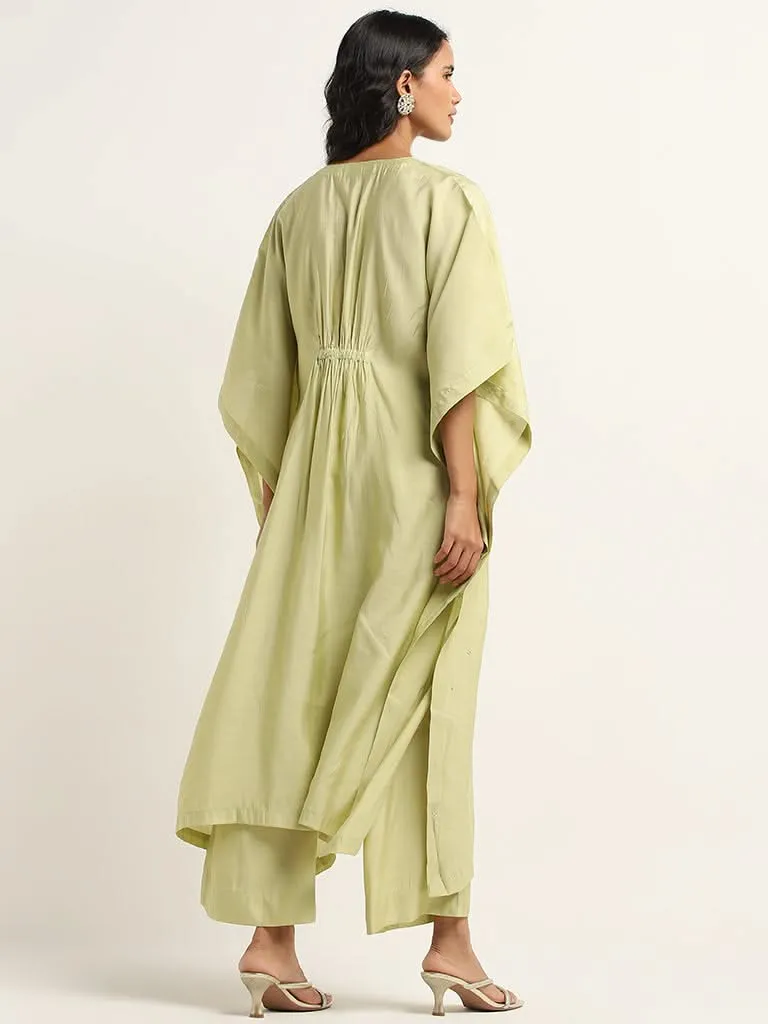 Vark Lime Floral Embroidered Kaftan and Mid-Rise Ethnic Pants Set