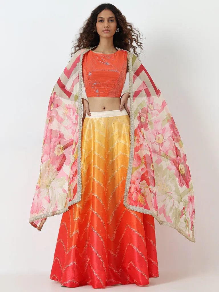 Vark Orange Embellished Top, Skirt and Dupatta Set