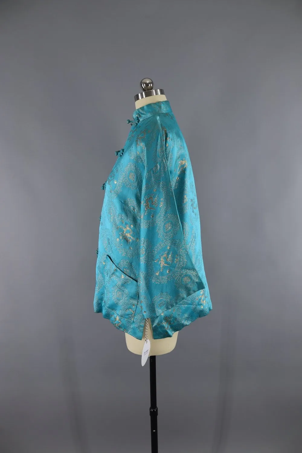 Vintage 1960s Aqua Blue Brocade Asian Jacket