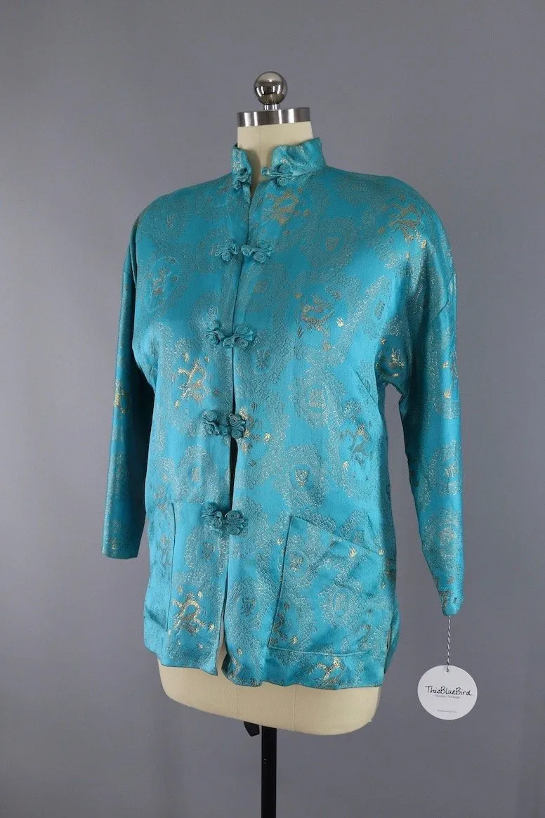 Vintage 1960s Aqua Blue Brocade Asian Jacket