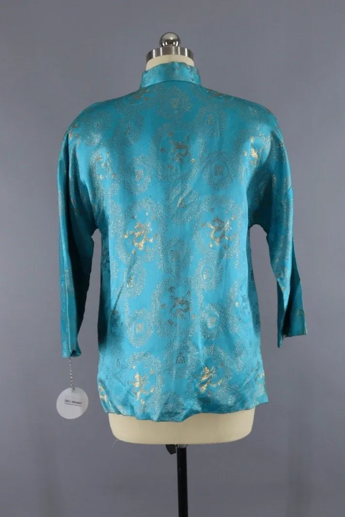 Vintage 1960s Aqua Blue Brocade Asian Jacket