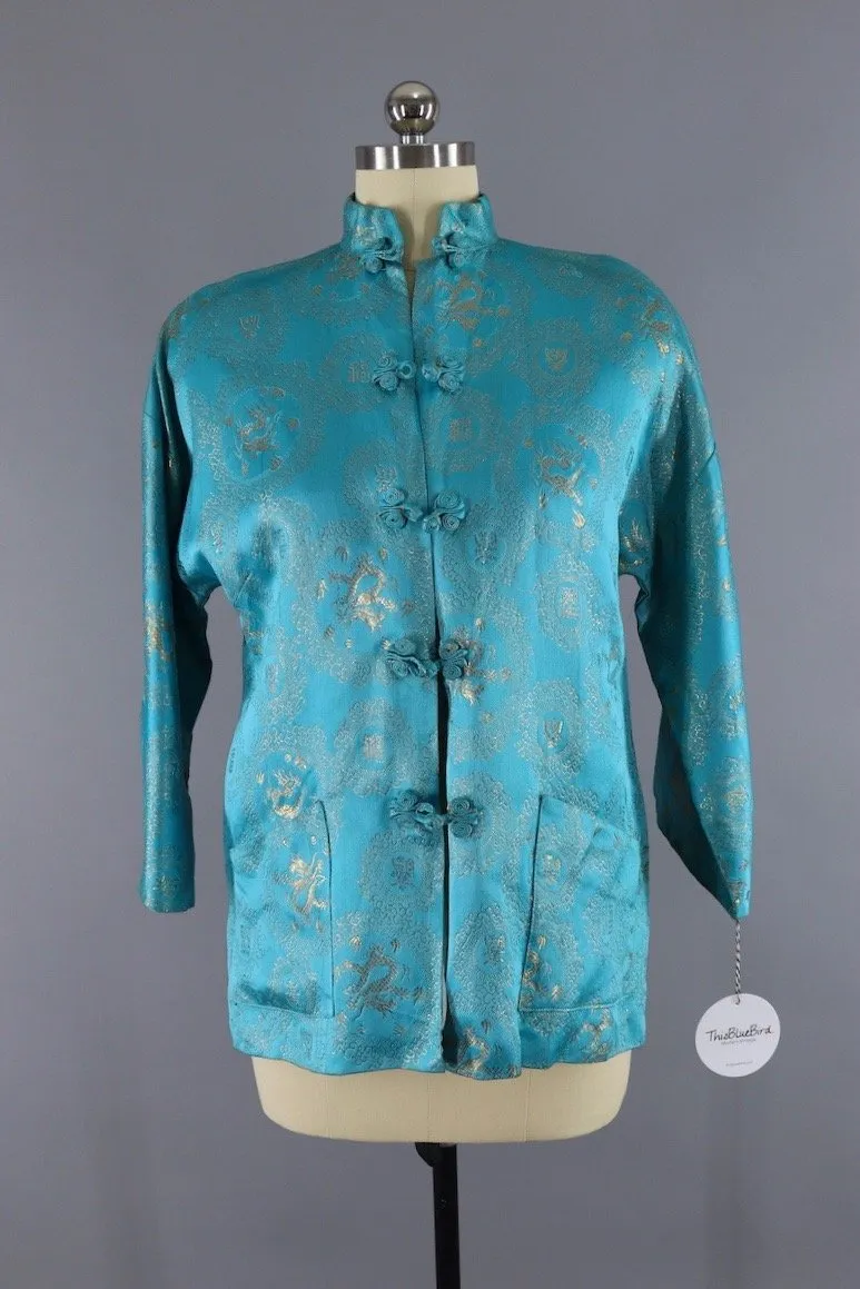 Vintage 1960s Aqua Blue Brocade Asian Jacket