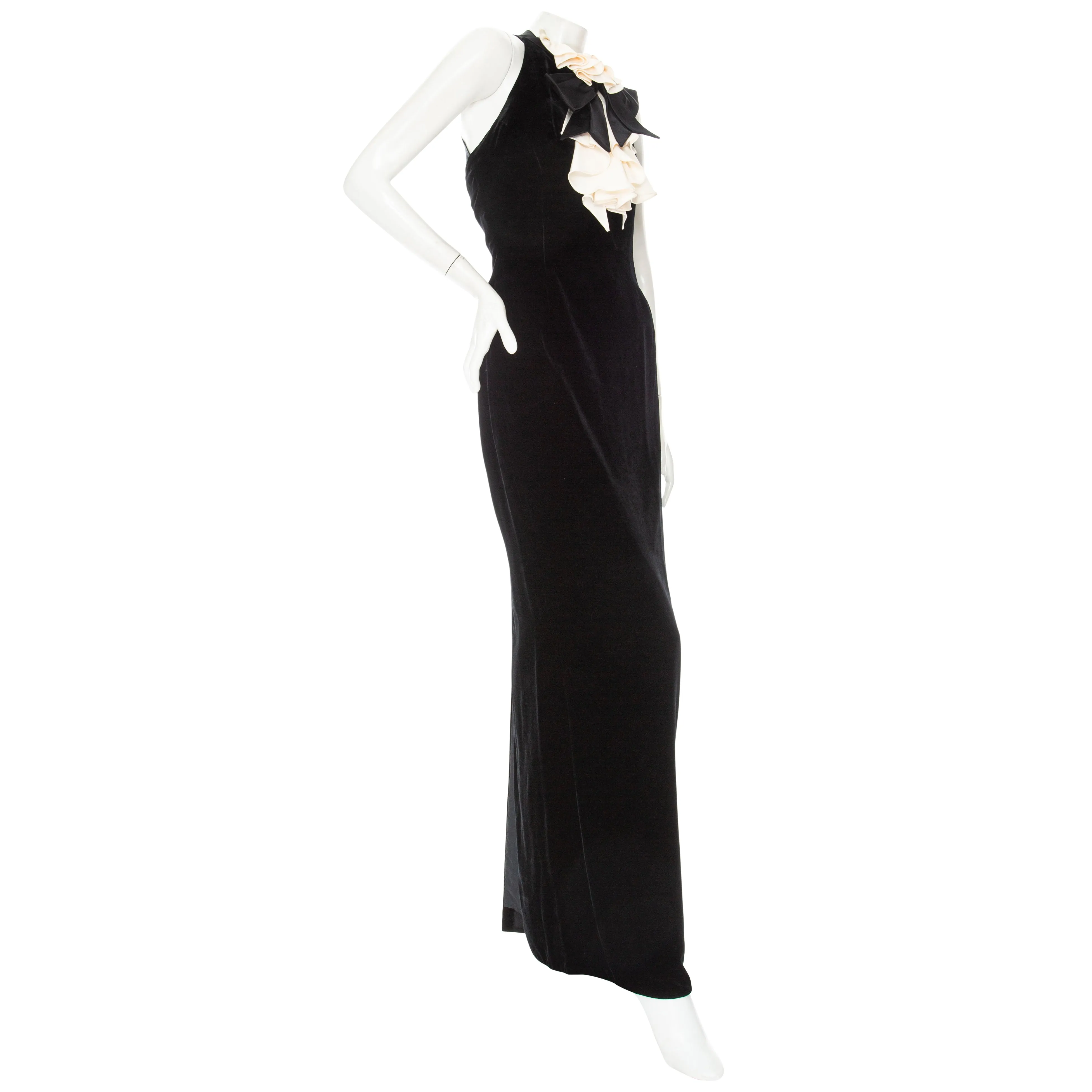 Vintage Black and White Velvet Ruffled Maxi Dress