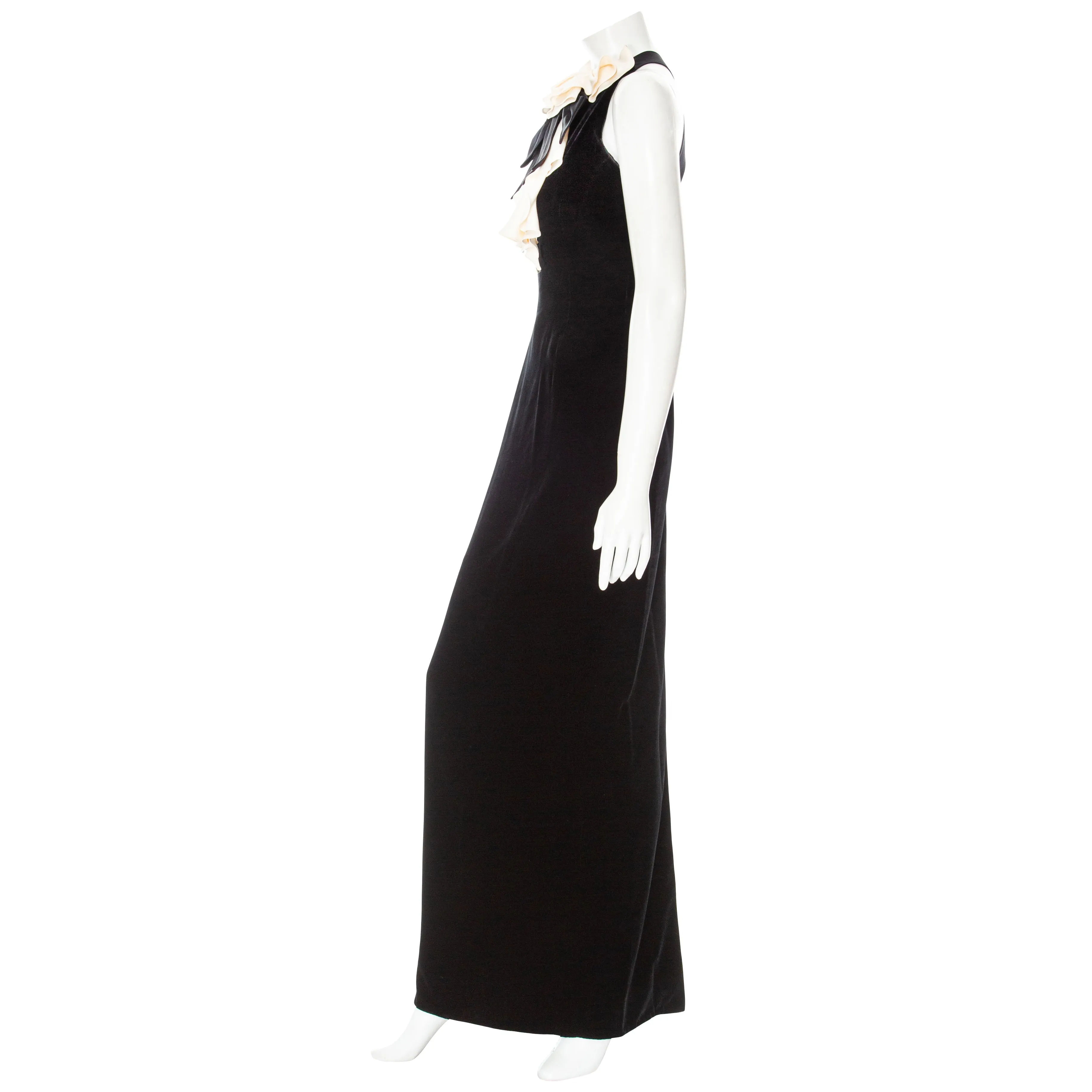 Vintage Black and White Velvet Ruffled Maxi Dress