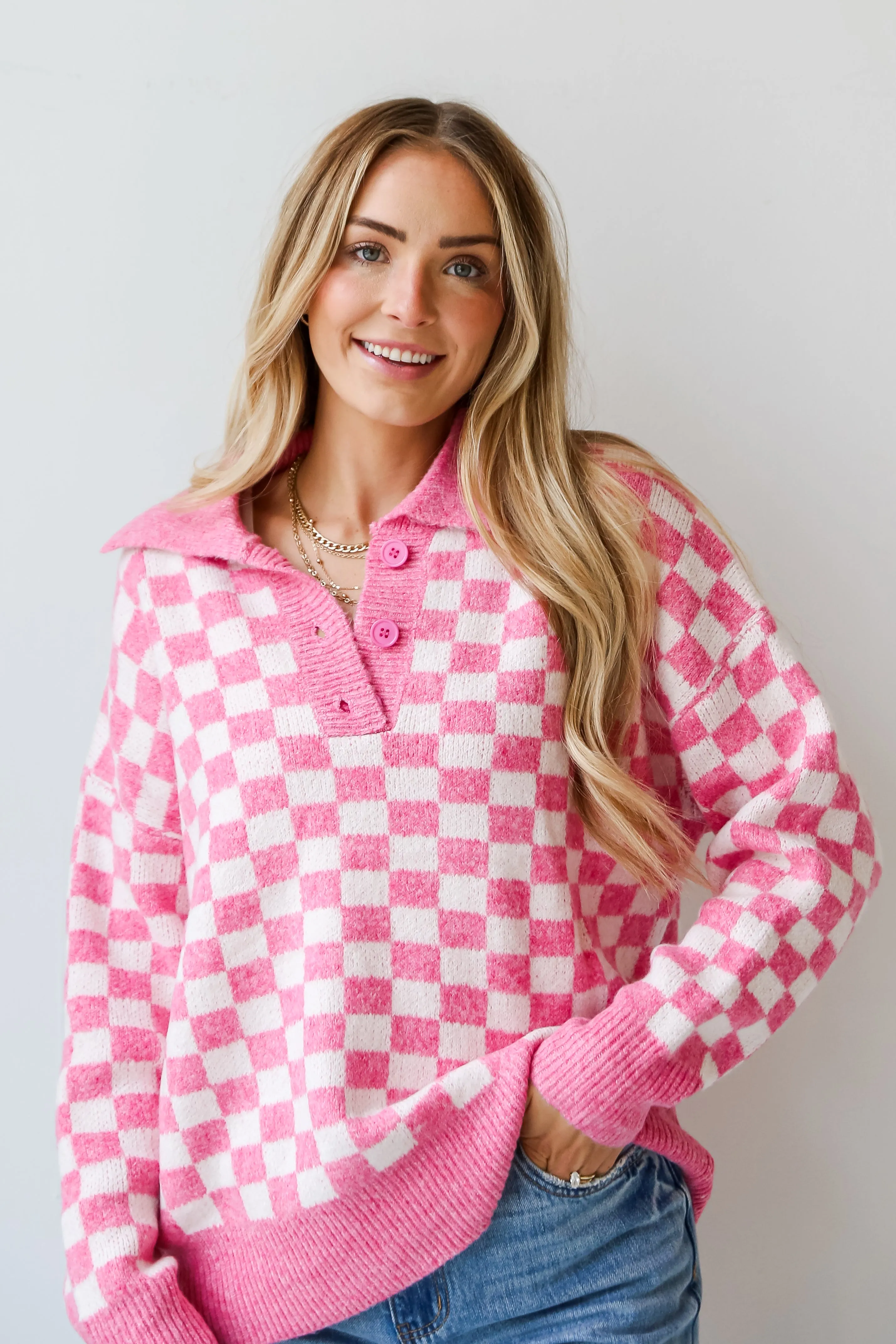 Warmly Adored Pink Checkered Collared Oversized Sweater