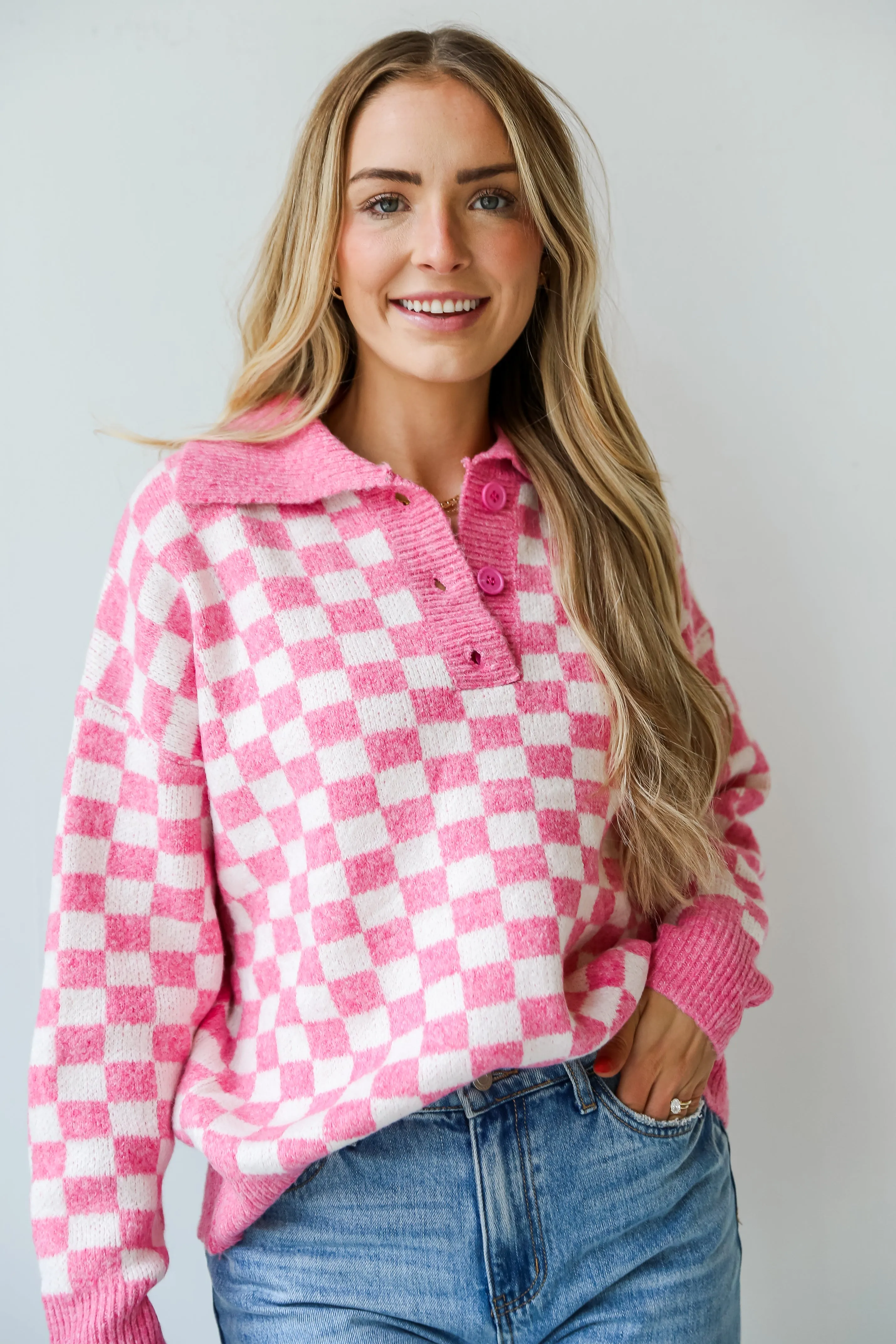 Warmly Adored Pink Checkered Collared Oversized Sweater