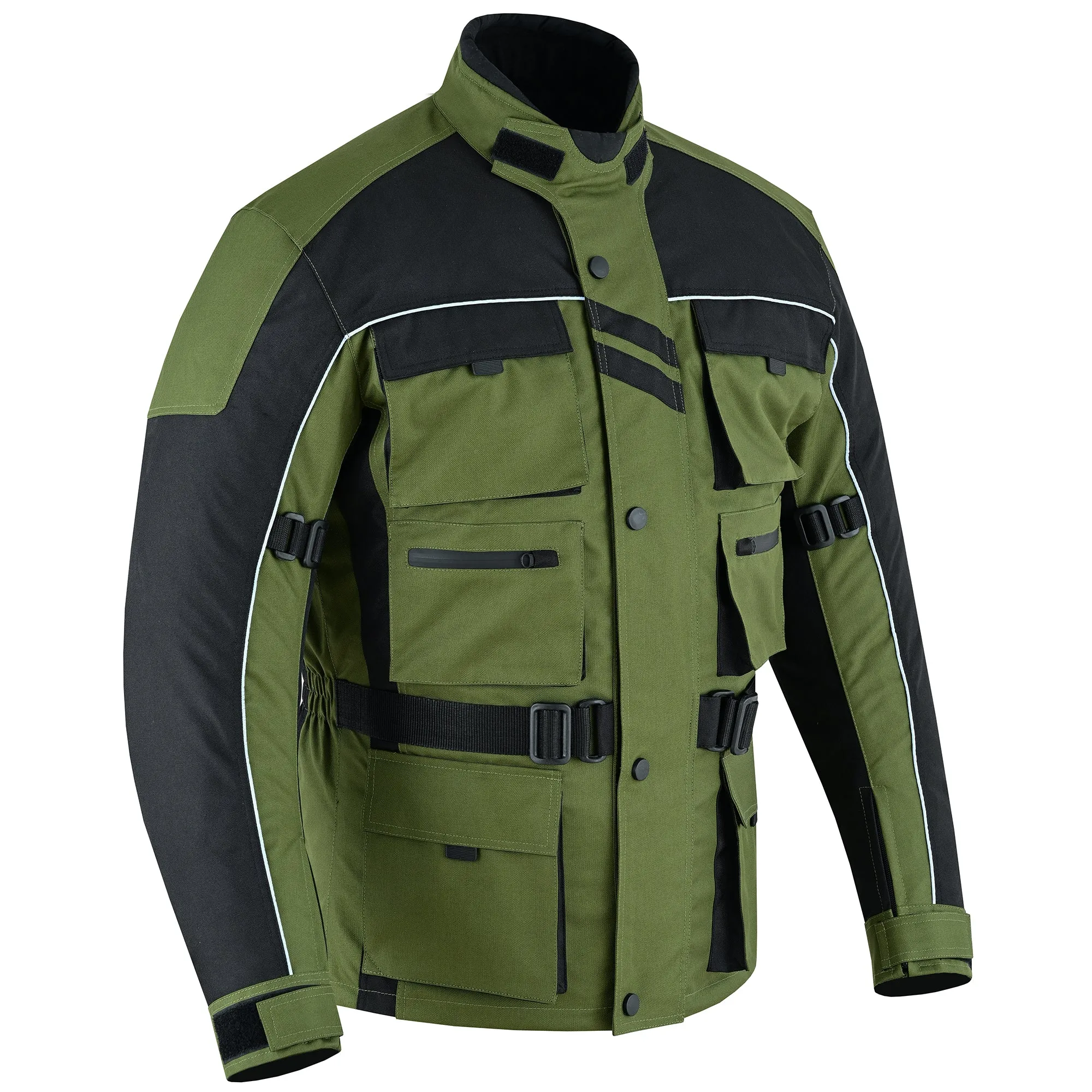 Warrior Gears 6 Pockets Mens Motorcycle Jacket, Textile Racing Motorbike Jacket, Hi-Vis Biker CE Protective Armored Jackets Mens Waterproof & Mesh Lining Breathable - Olive Green