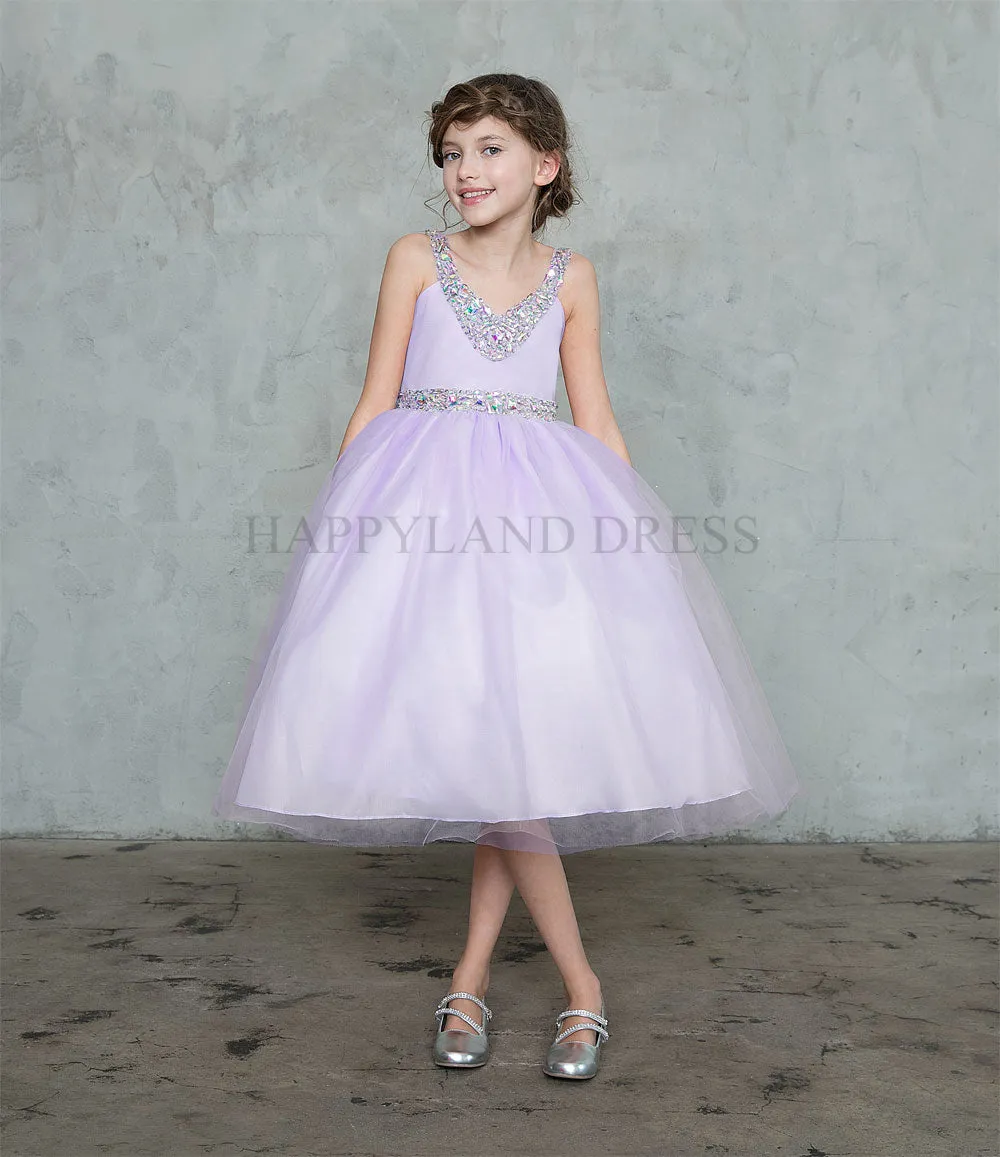 White V-Neck Tulle Rhinestone Tea length Dress