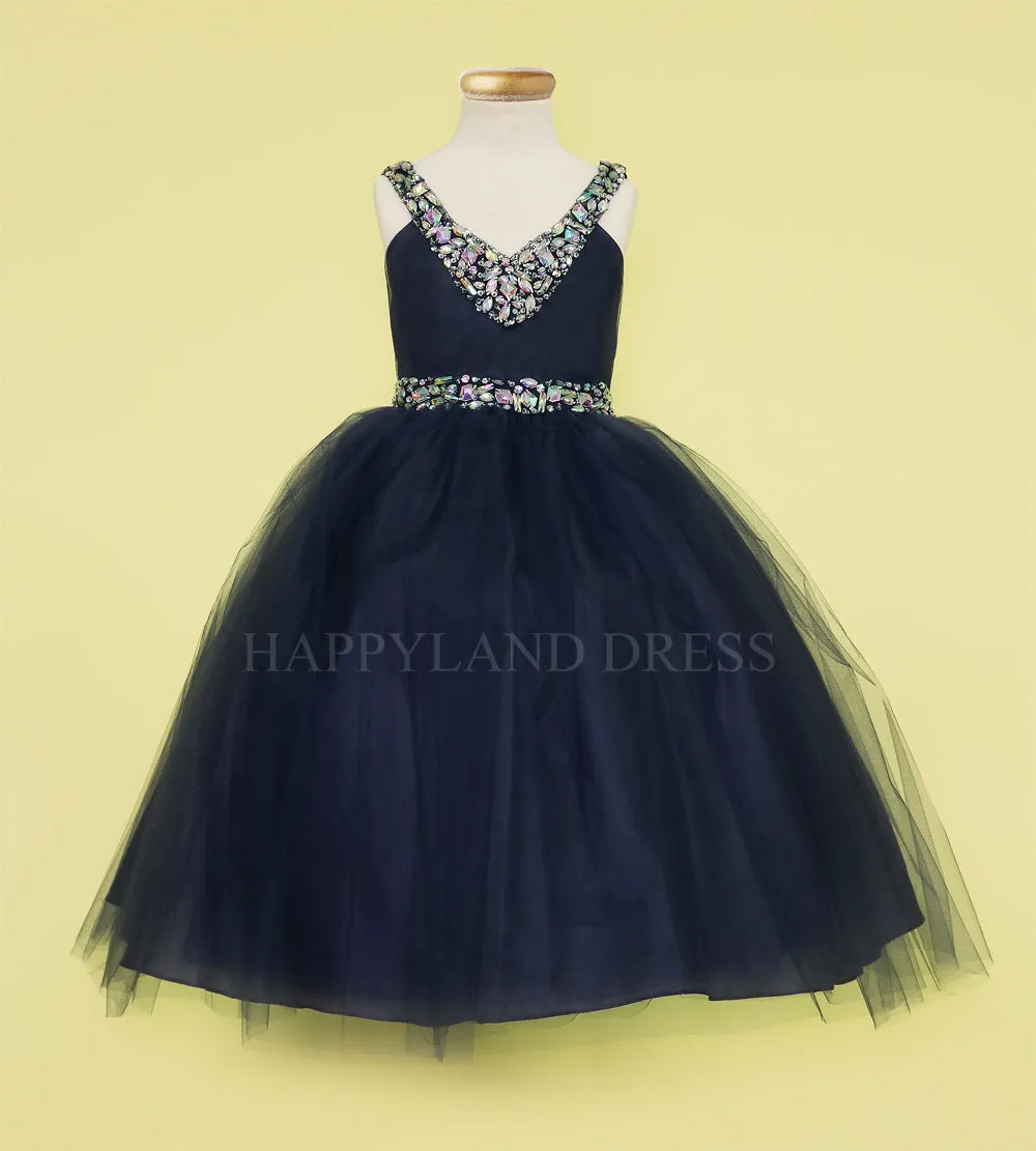 White V-Neck Tulle Rhinestone Tea length Dress