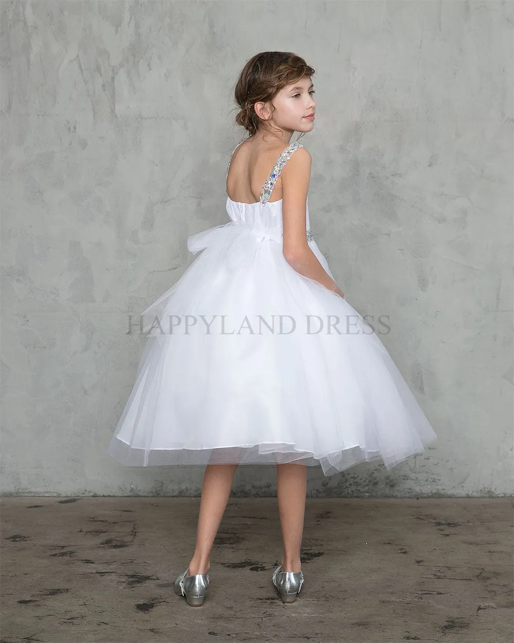 White V-Neck Tulle Rhinestone Tea length Dress