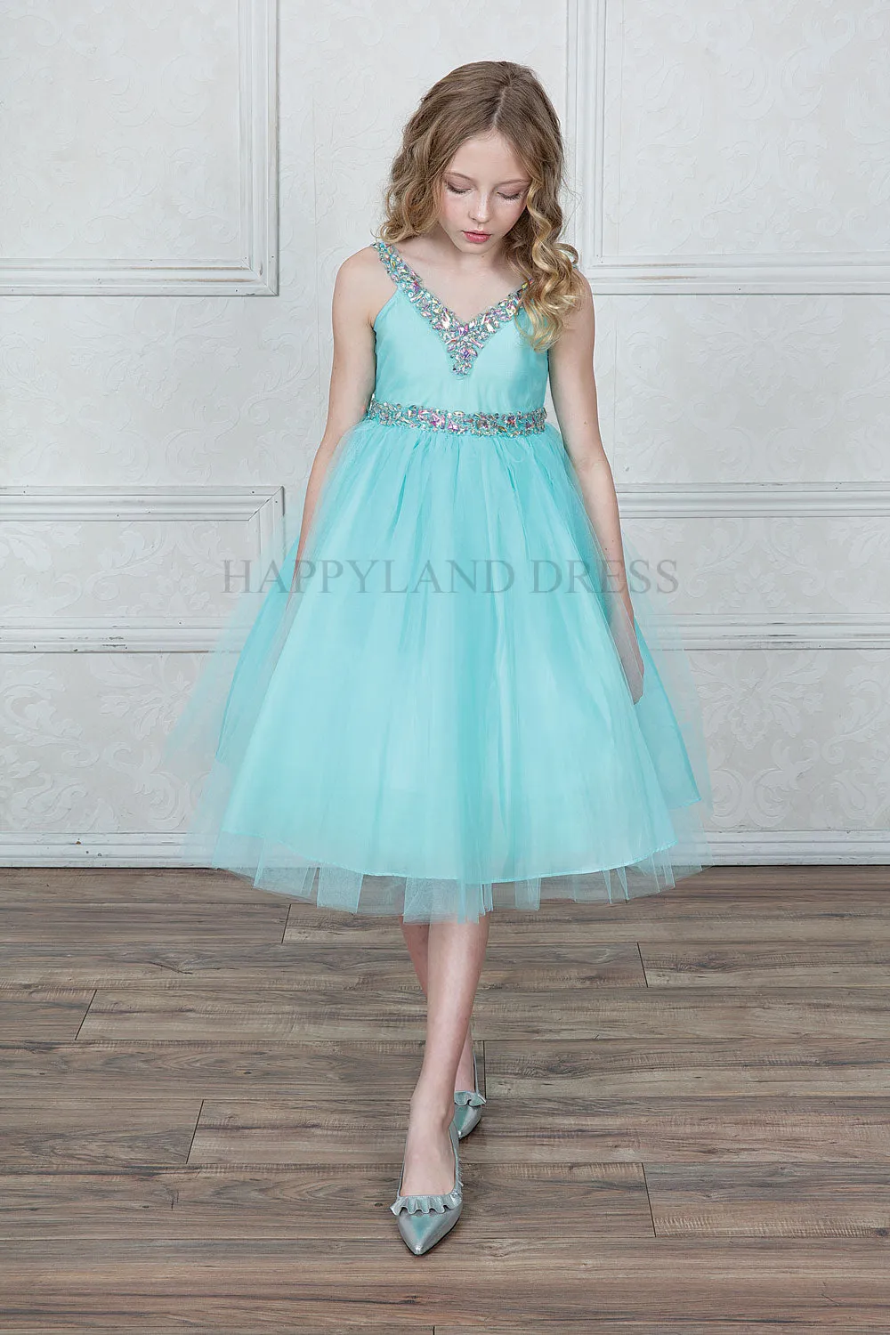 White V-Neck Tulle Rhinestone Tea length Dress