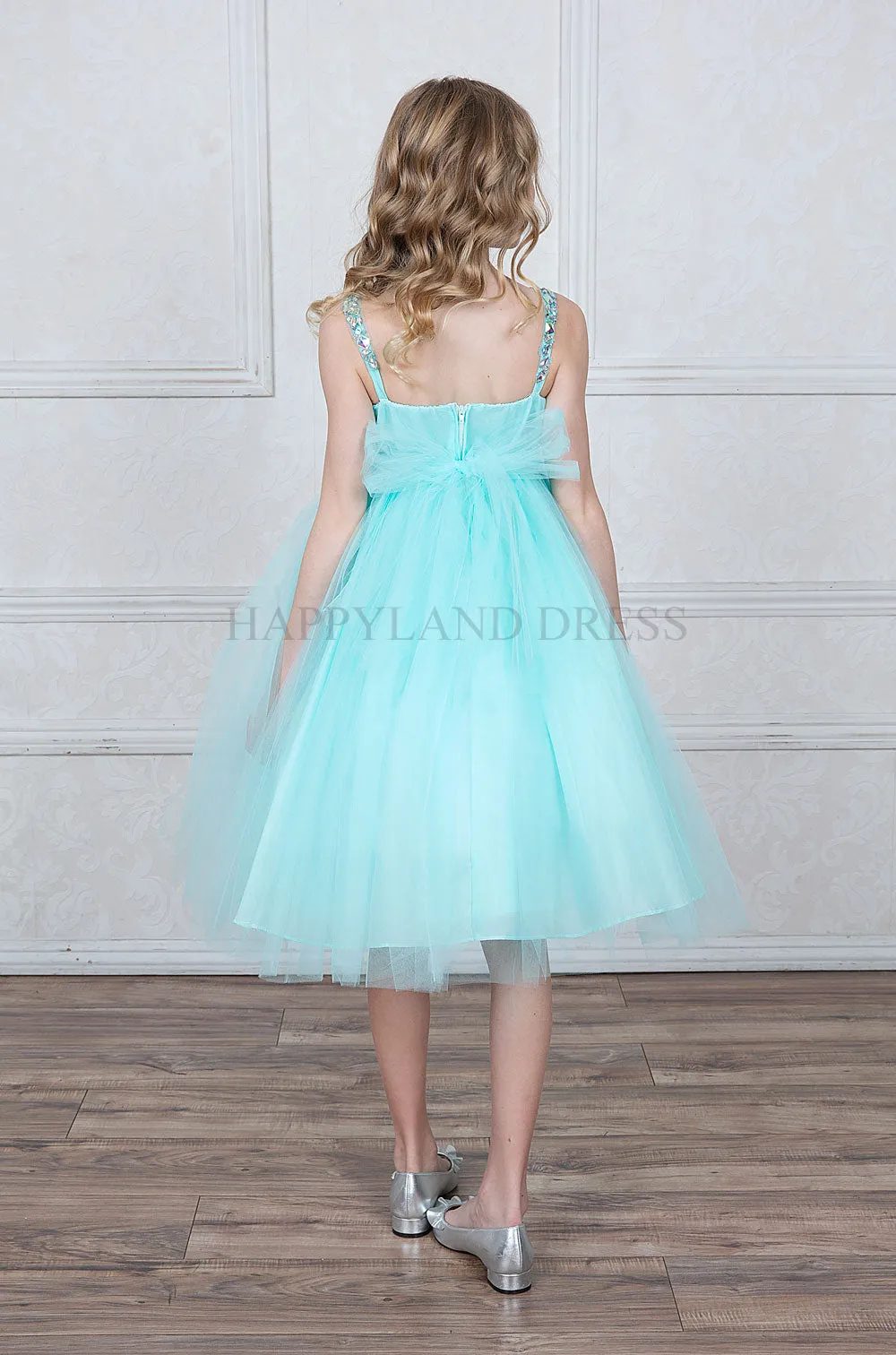 White V-Neck Tulle Rhinestone Tea length Dress