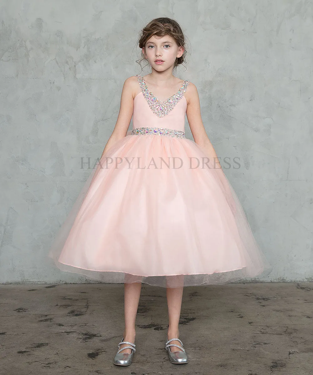 White V-Neck Tulle Rhinestone Tea length Dress