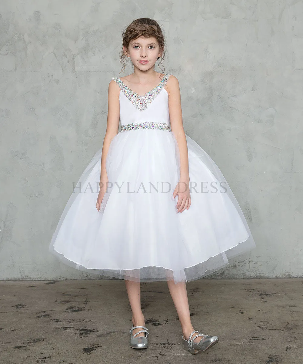 White V-Neck Tulle Rhinestone Tea length Dress