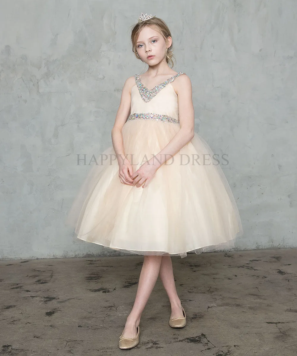 White V-Neck Tulle Rhinestone Tea length Dress