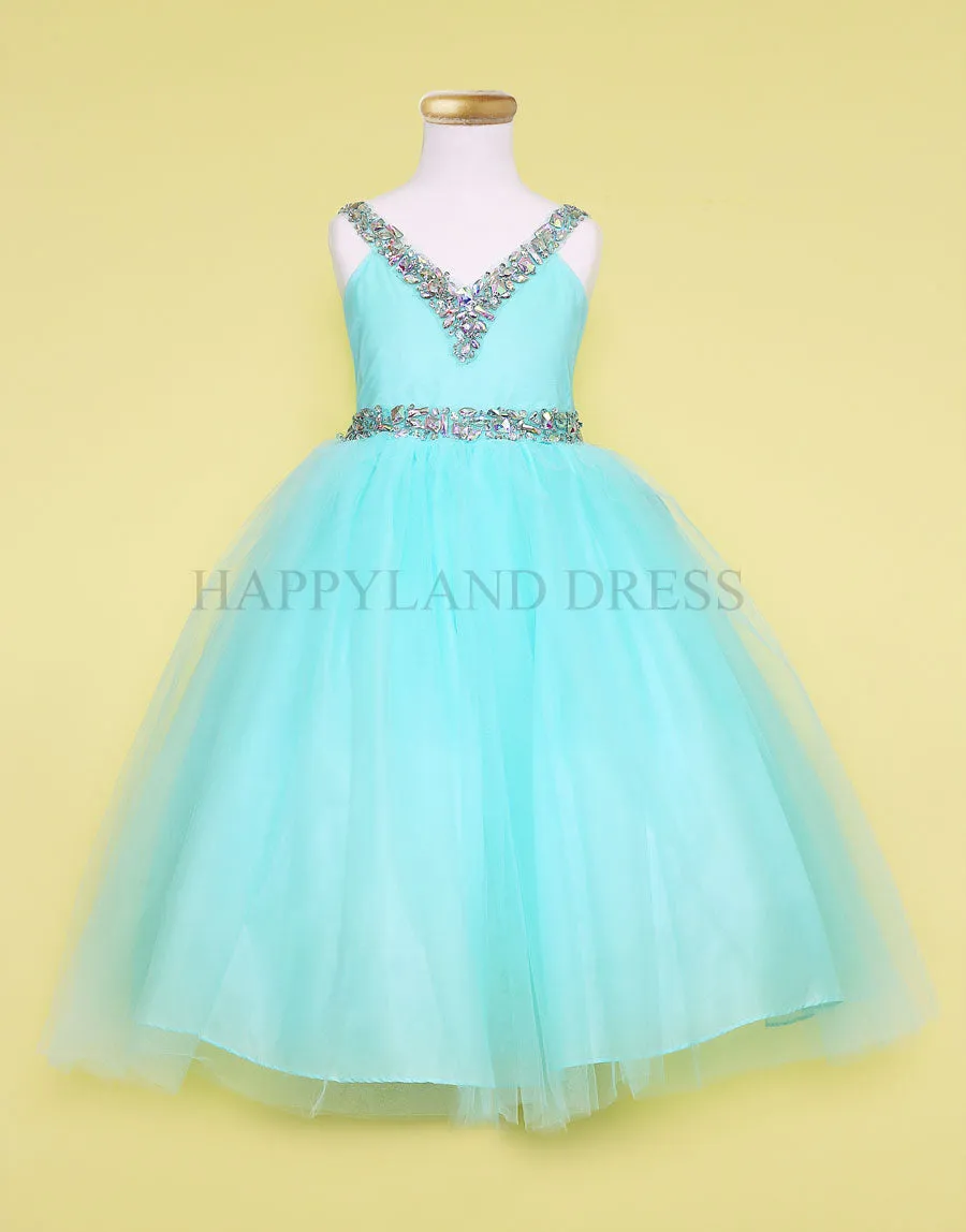 White V-Neck Tulle Rhinestone Tea length Dress