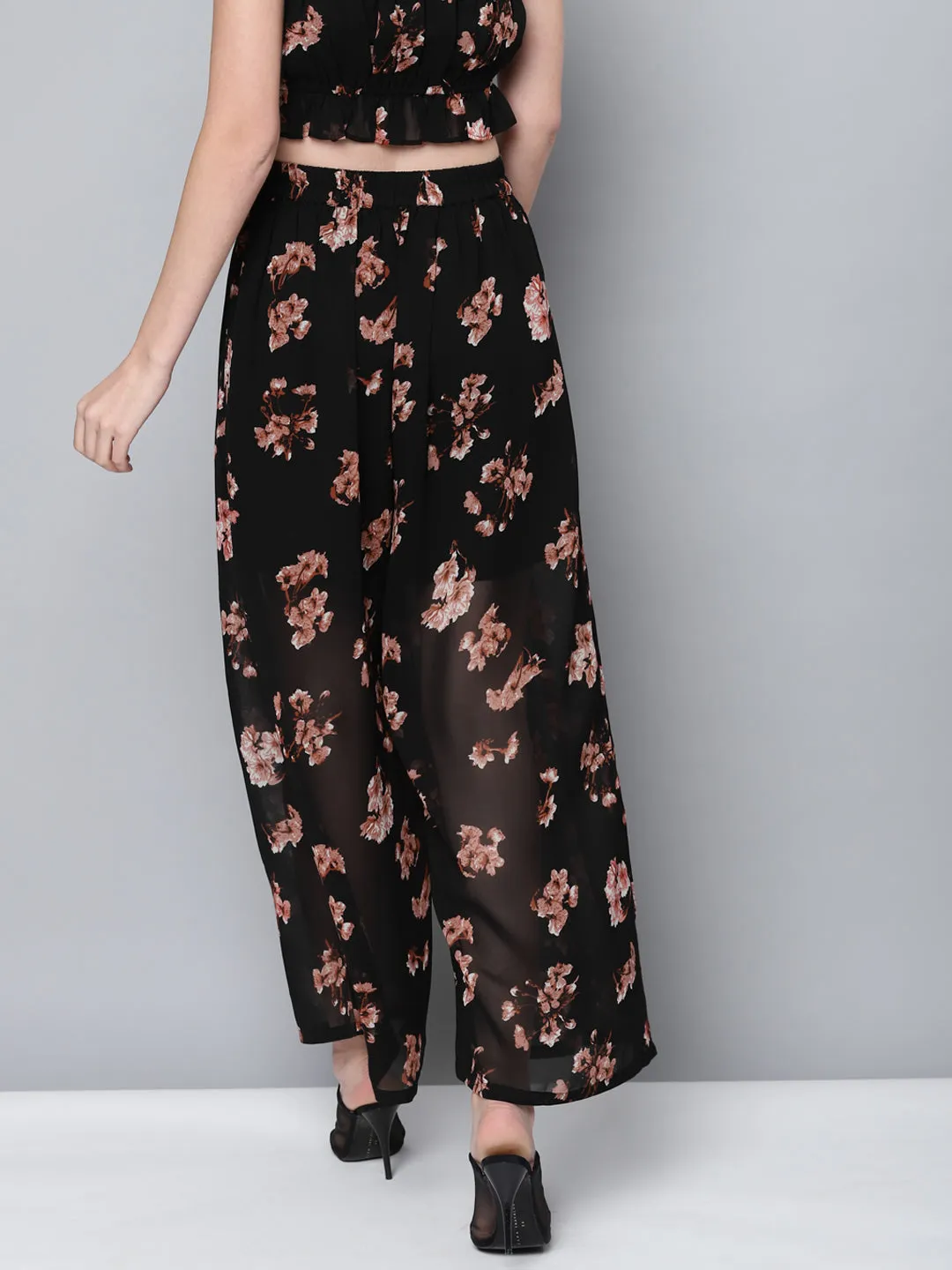 Women Black Floral Front Pleats Wide Leg Pants