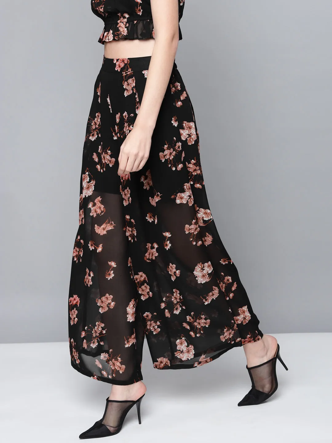 Women Black Floral Front Pleats Wide Leg Pants