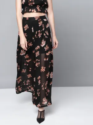 Women Black Floral Front Pleats Wide Leg Pants