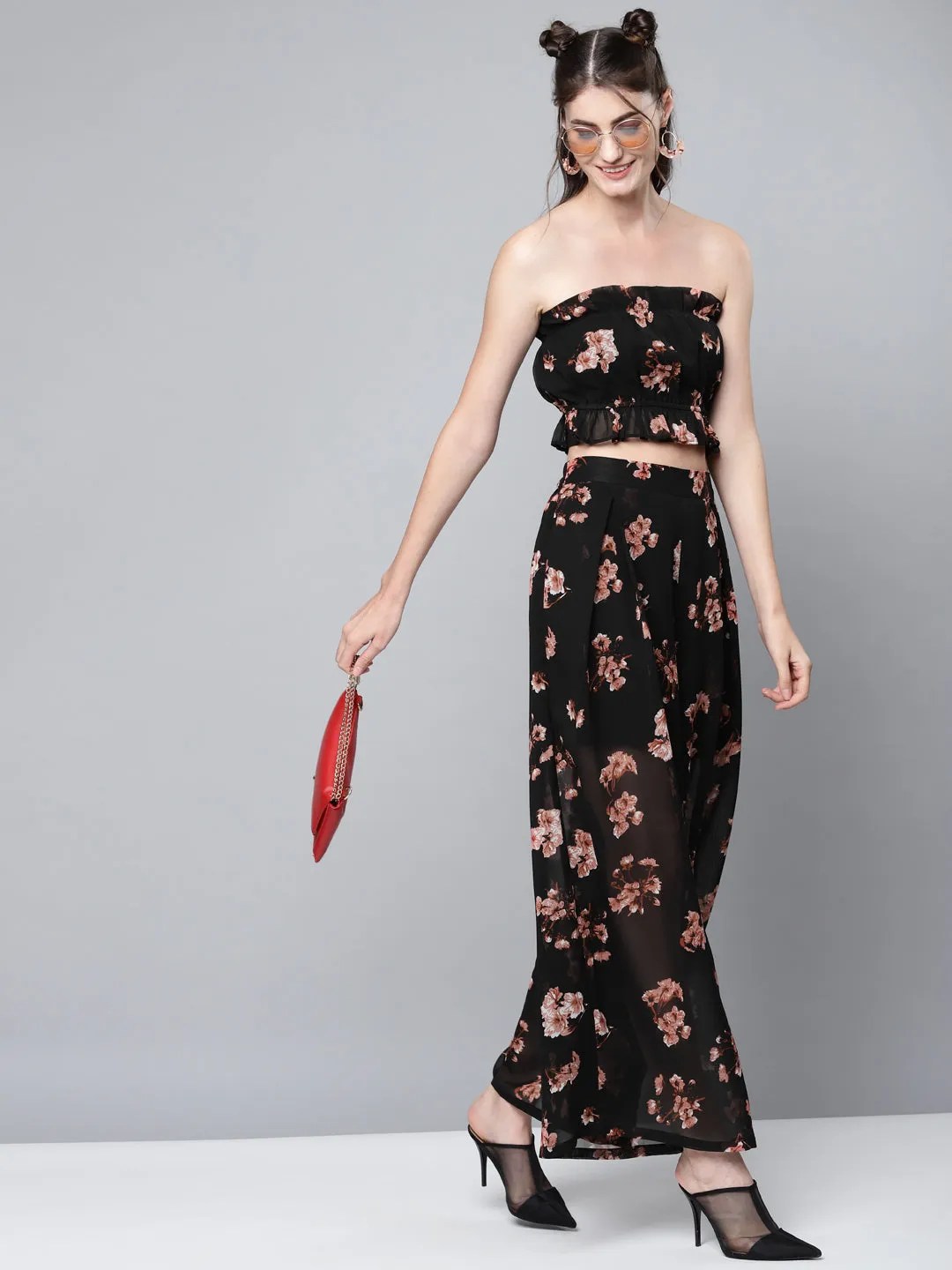 Women Black Floral Front Pleats Wide Leg Pants