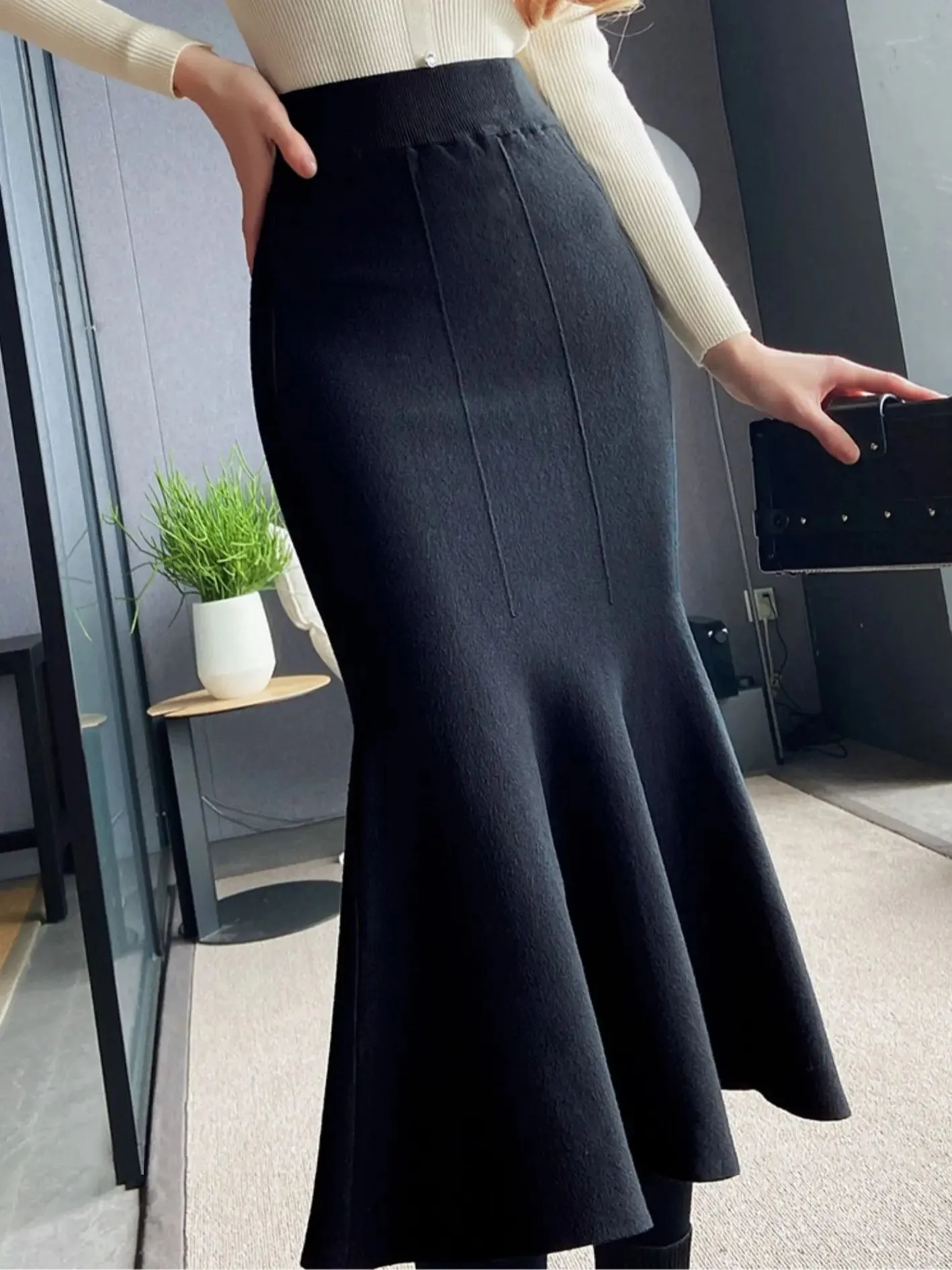 Women Black Knitted Skirt Slim High Waist Mermaid Elegant Retro Party Fashion Evening Classy Femme Jupes C-067