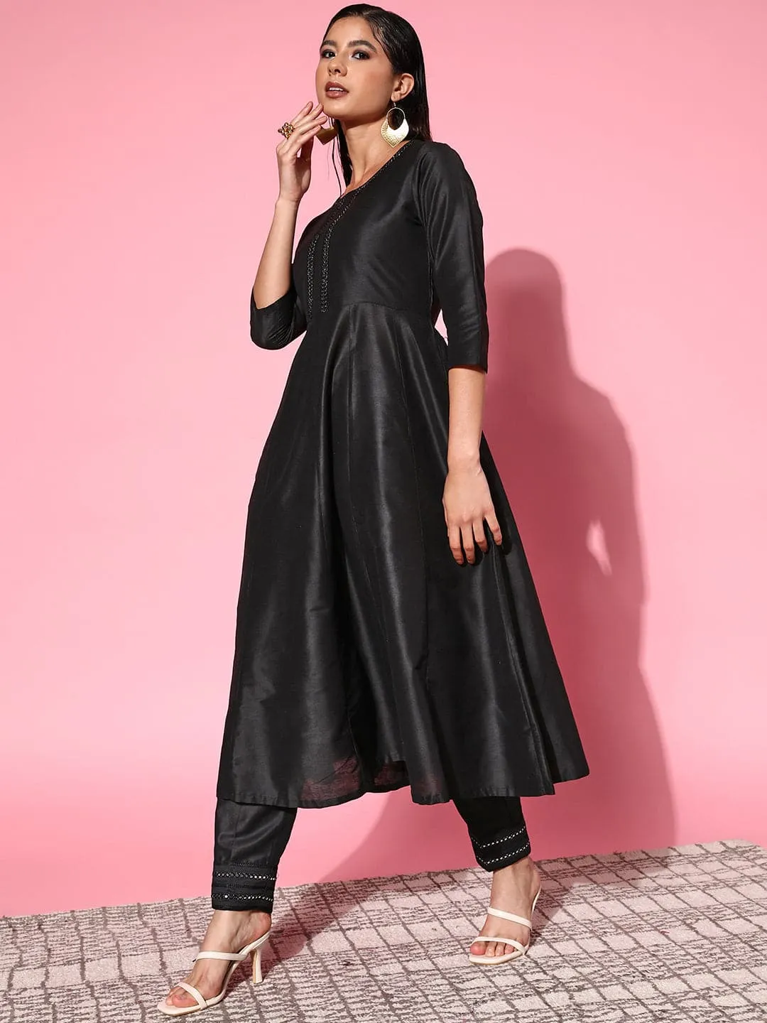 Women Black Mirror Embroidered Anarkali Kurta With Pants