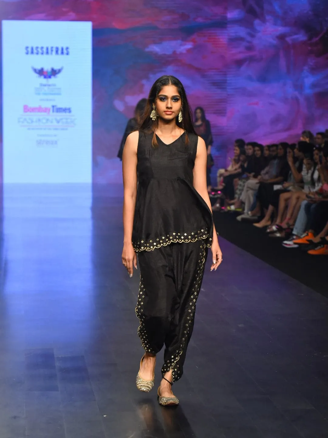 Women Black Mirror Embroidered Top With Dhoti Pants