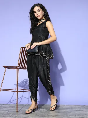 Women Black Mirror Embroidered Top With Dhoti Pants