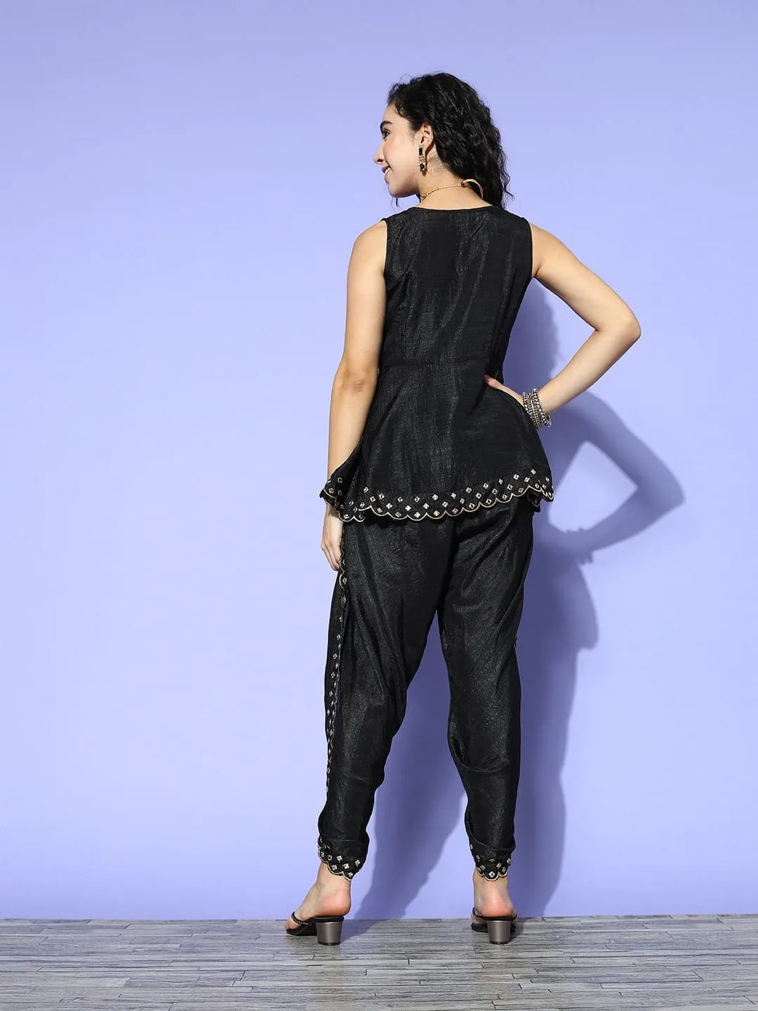 Women Black Mirror Embroidered Top With Dhoti Pants