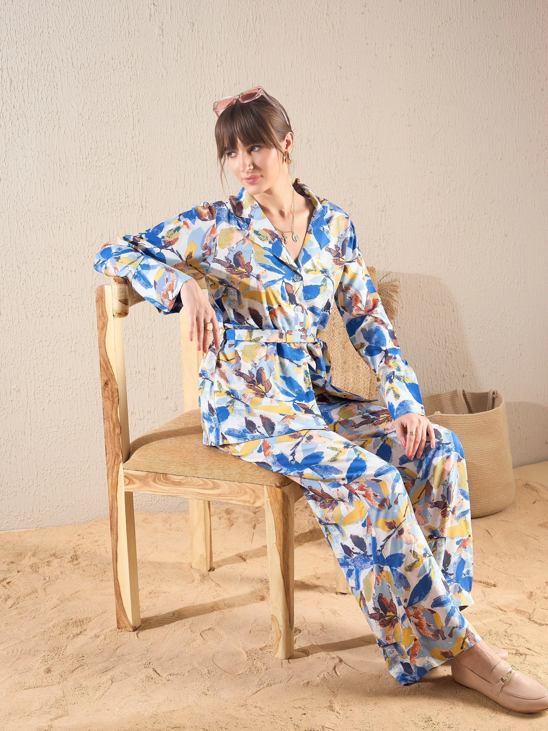 Women Blue Floral Notch Collar Shirt With Flared Pants