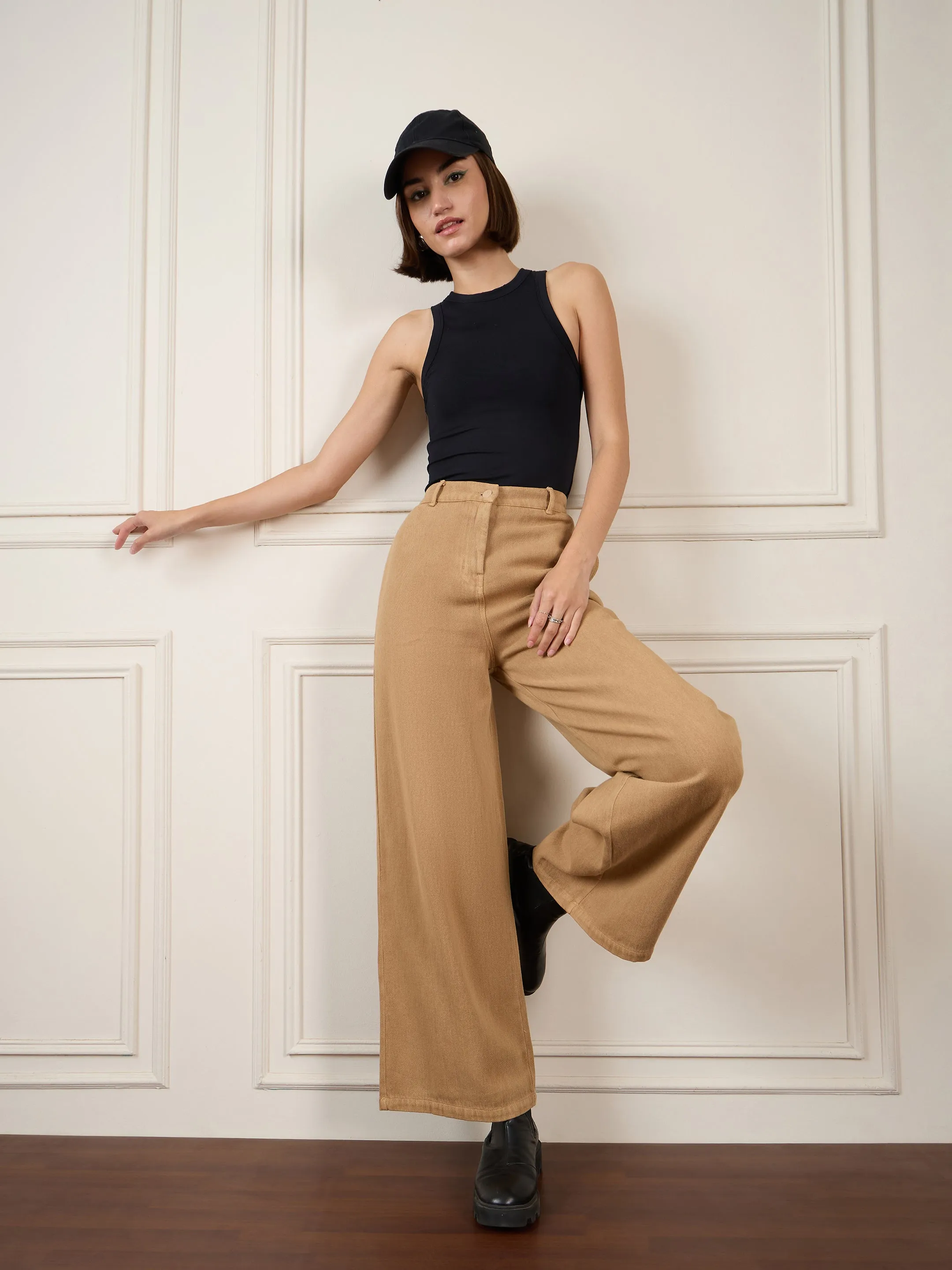 Women Brown Denim Flared Pants