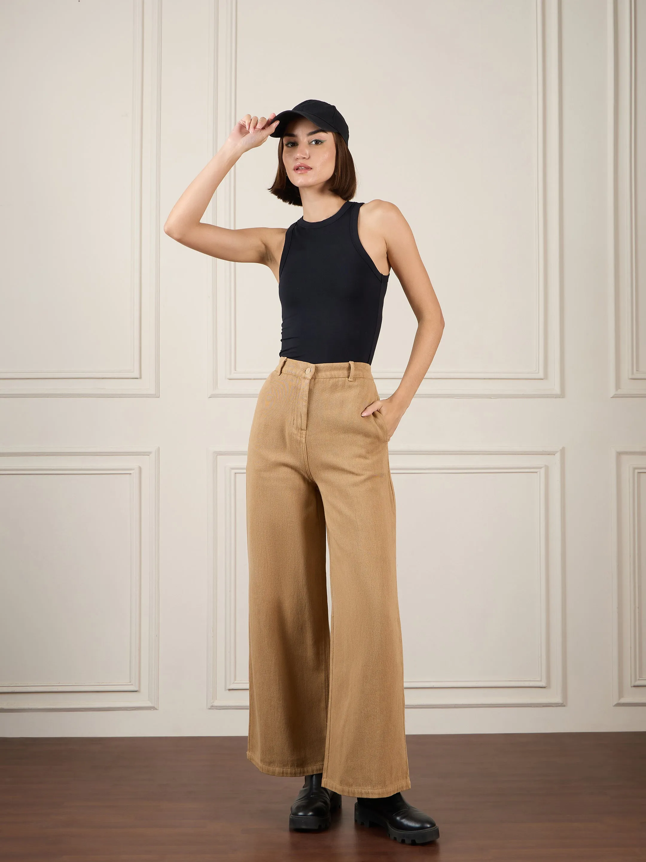 Women Brown Denim Flared Pants