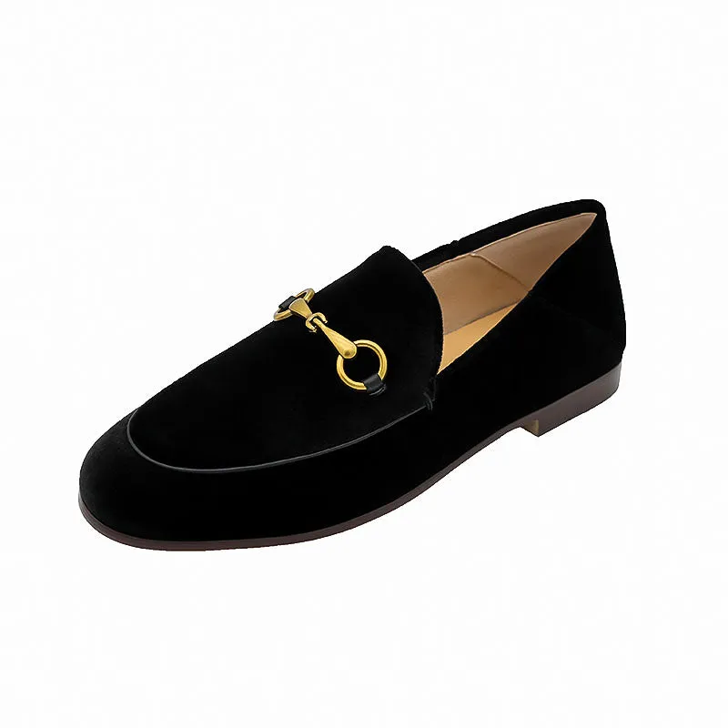 Women Classic Metal Buckle Velvet Loafers Flat Shoes